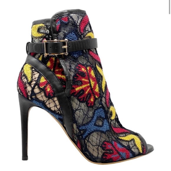 Valentino Shoes - Valentino Embroidered Multicolor Rockstud Peep Toe Ankle Boots